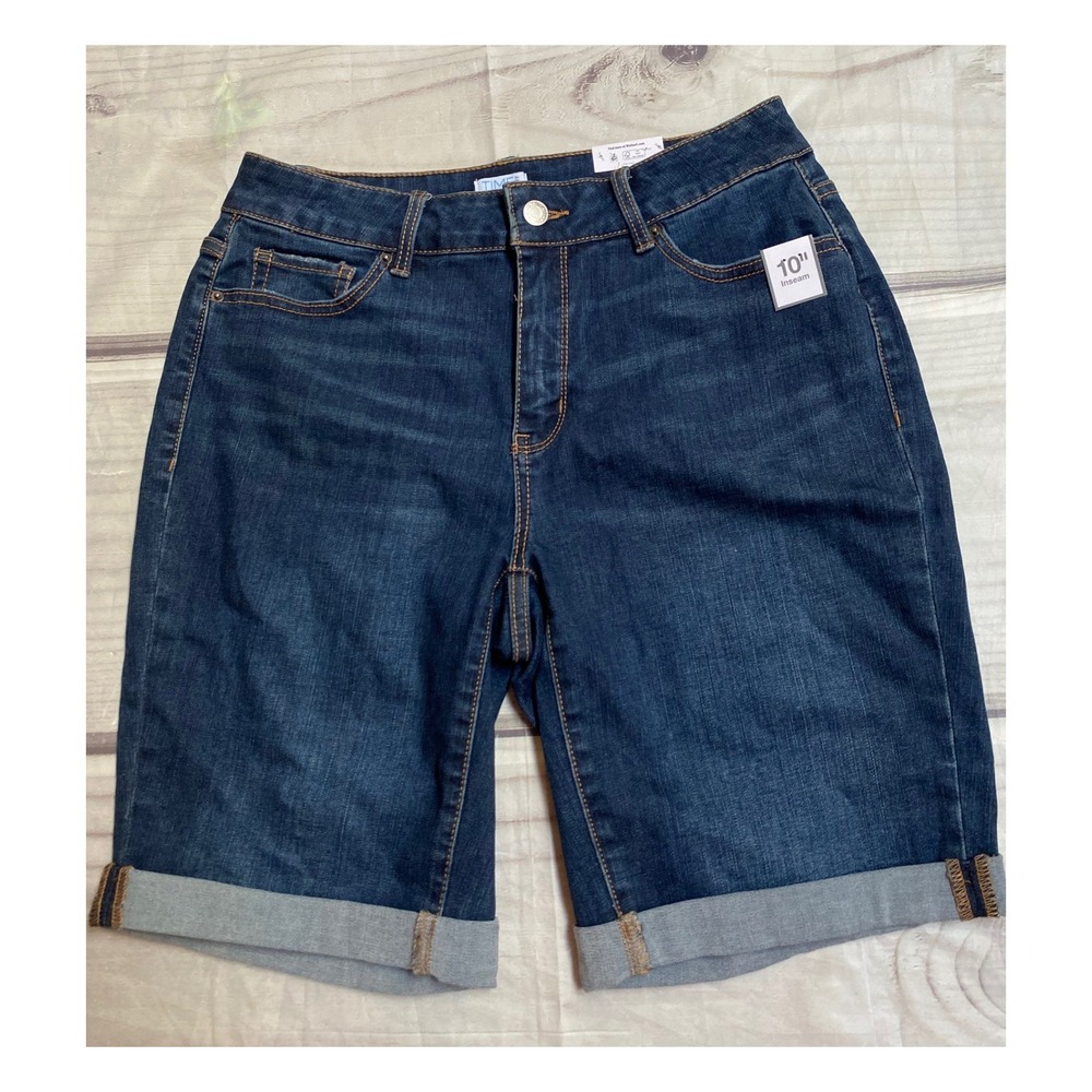 Time and Tru Womens Bermuda Shorts Dark Wash Denim Cuffed 10 Inch Inseam Size 10
